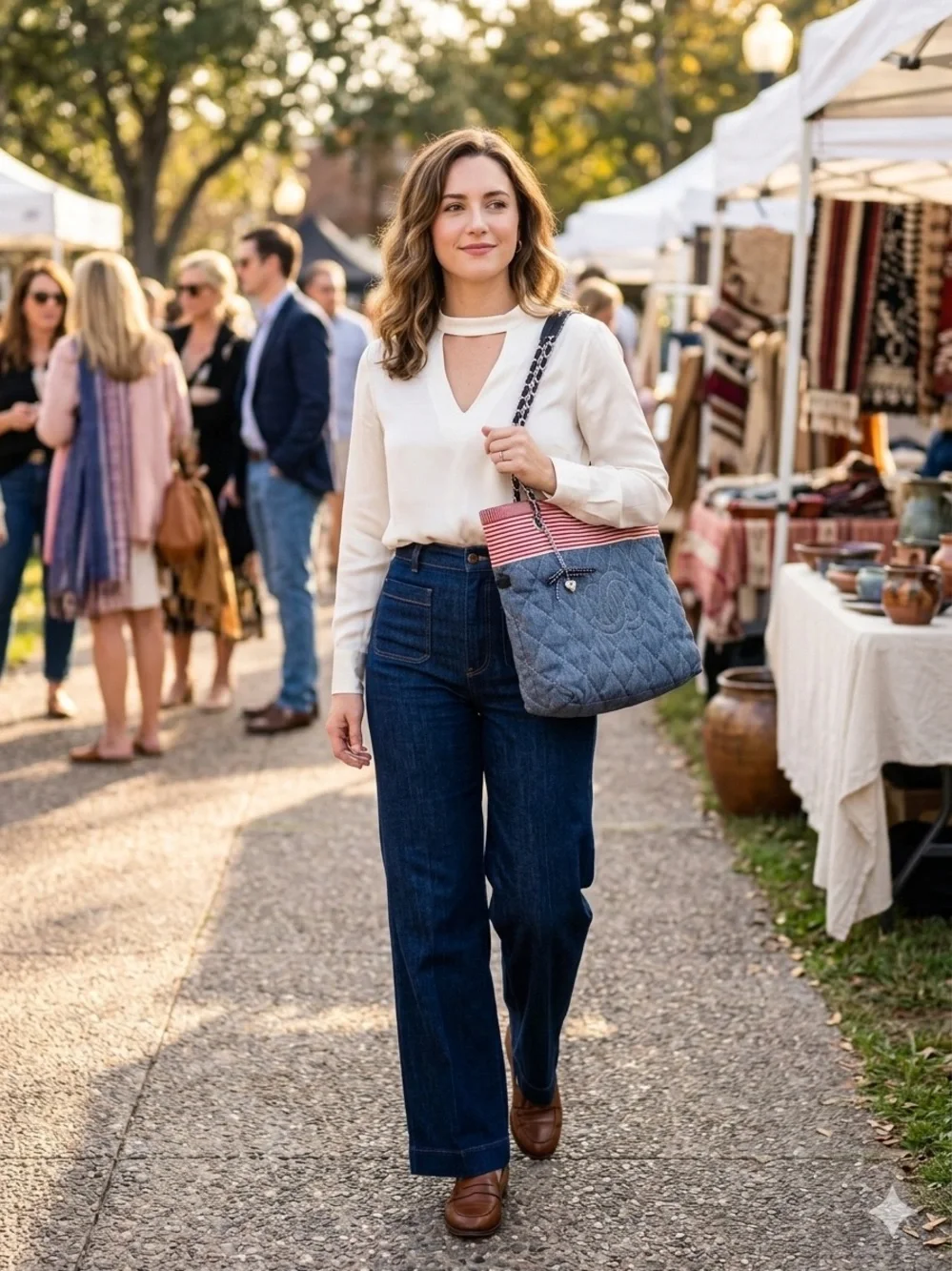 Chanel Gray Denim CC with White and Red 🇺🇸Stripe Quilted Tote 👜
